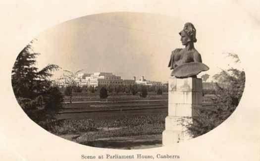 Shows statue of Bellona (Goddess of War) near Albert Hall, looking to the provisional Parliament House.