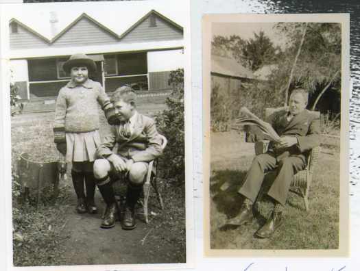 Two photos. 1. Children Lucy and George in front of their home. 2. John Harold Saunders on chair in garden reading newspaper. See notes.
