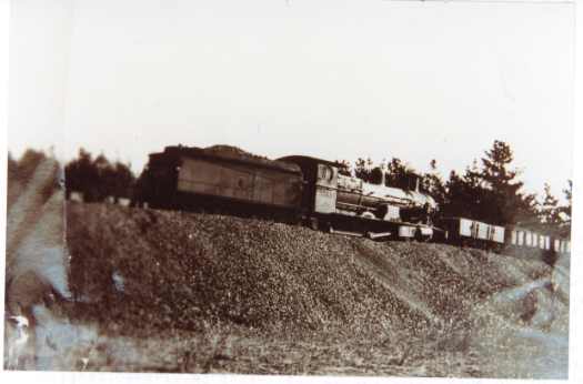 Train and wagons on embankment.