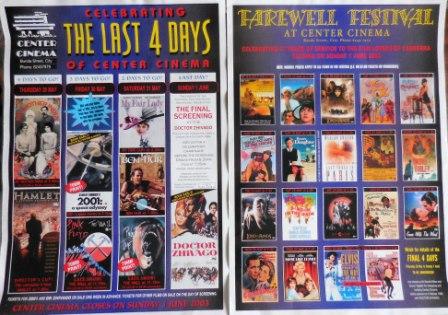 2 colour posters celebrating "The Last 4 Days" and the "Farewell Festival" of the Center Cinema in Bunda Street, Civic