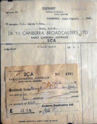 An account statement from 2CA to A.A. Smith & Son of Yass dated 31 August 1940 and the receipt