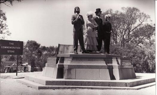 Jigsaw Players re-enactment in 1977 of the naming of Canberra at the Commencement Stone. CDHS photo 396